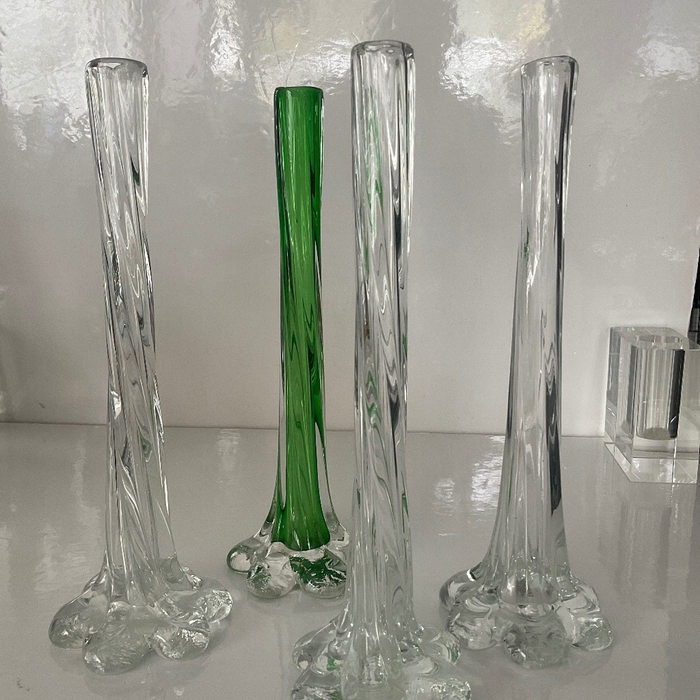 4 X VINTAGE MCM TALL TWISTED FOOT ART GLASS BUD VASE HAND BLOWN 11.25” TALL